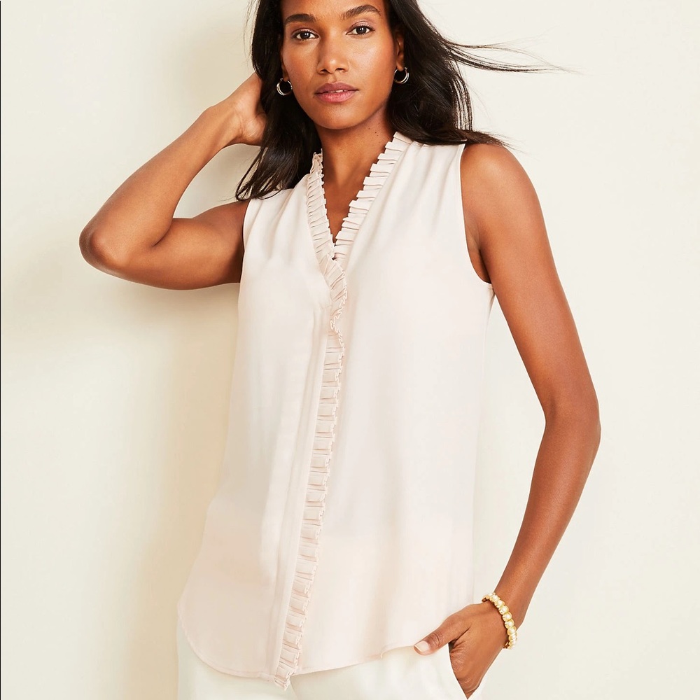 Ann Taylor Soft Pink Pleated Ruffle V-Neck